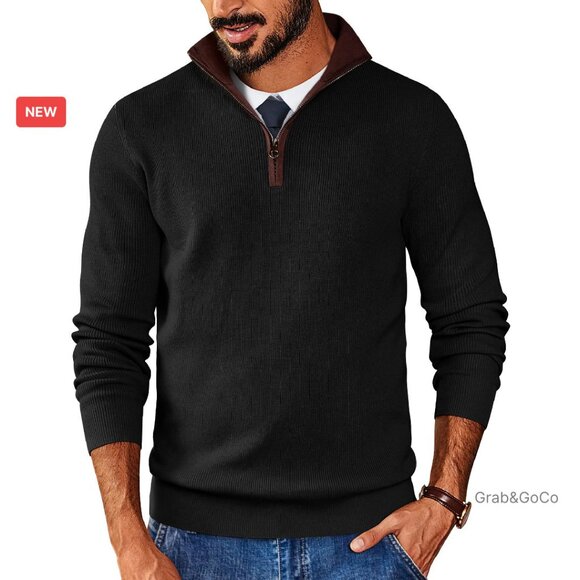 Slim Fit Quarter Zip Sweater Mock Neck Ribbed Pullover Casual Knit Polo